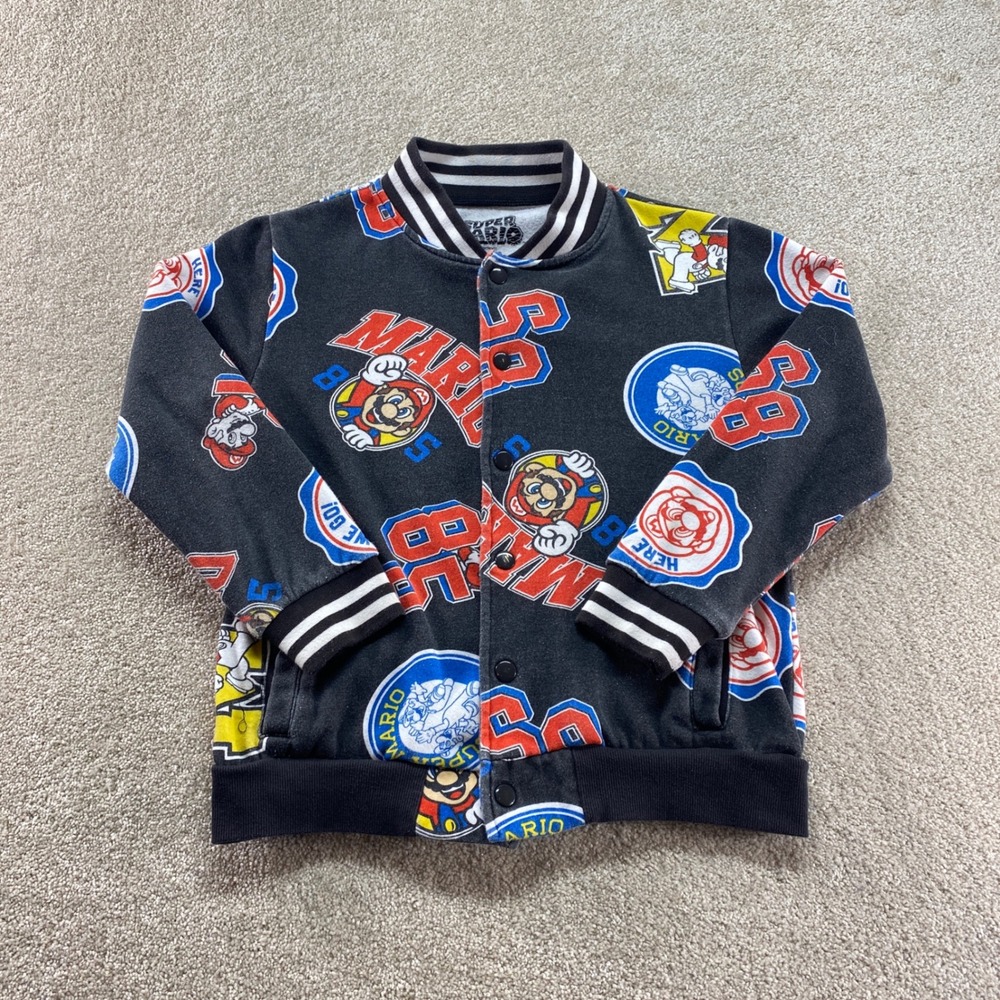 Nintendo Super Mario Bomber Jacket Boys‎ Medium Black All Over Print Varsity